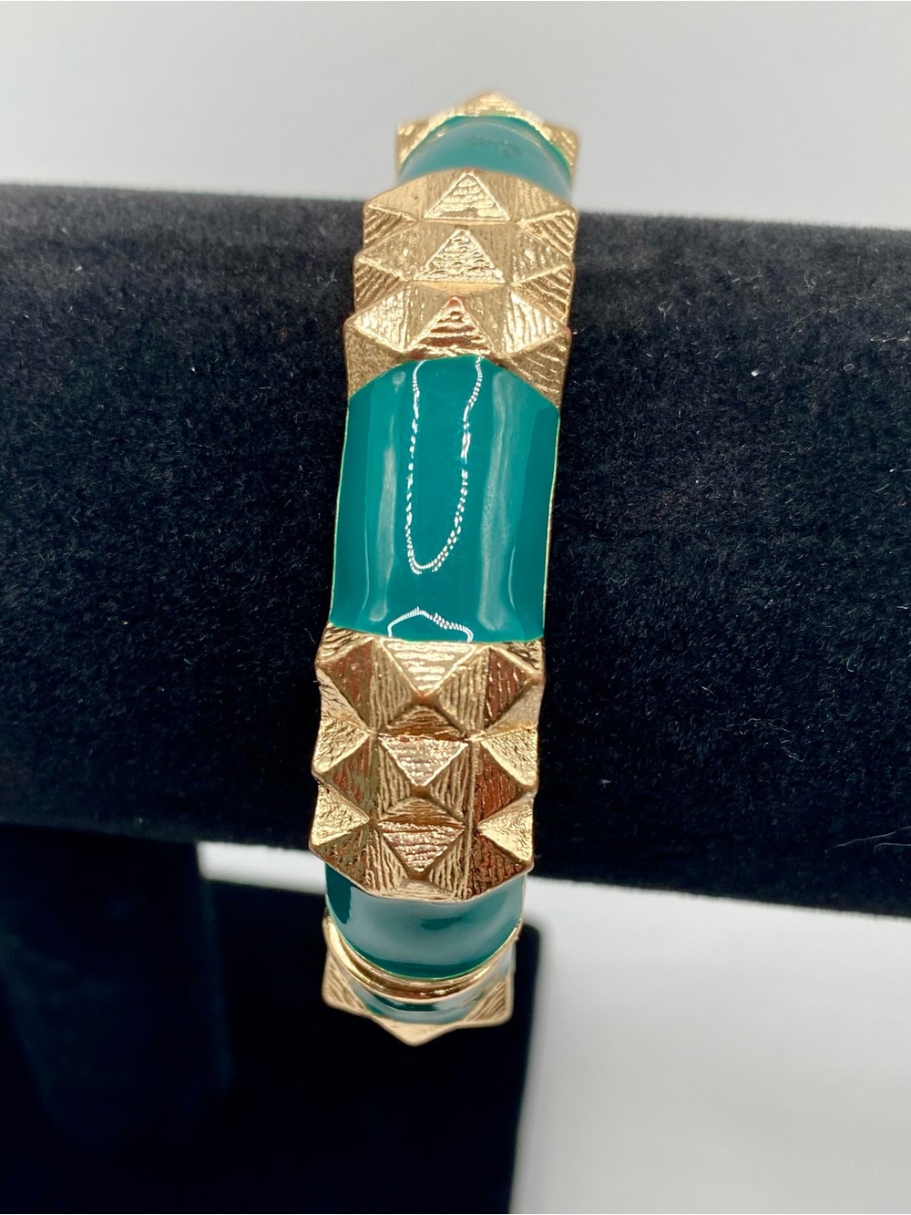 Dark Academia Vintage Fairy Gold Tone Bangle Bracelet with Teal Enamel Accents